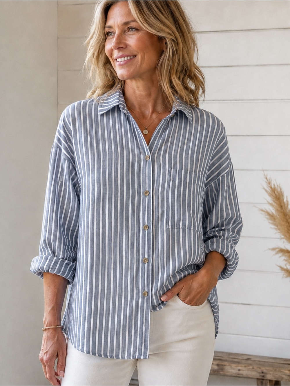 Becool Striped Button Up Shirt Women's S M Rayon Cotton Blend Coastal Breathable